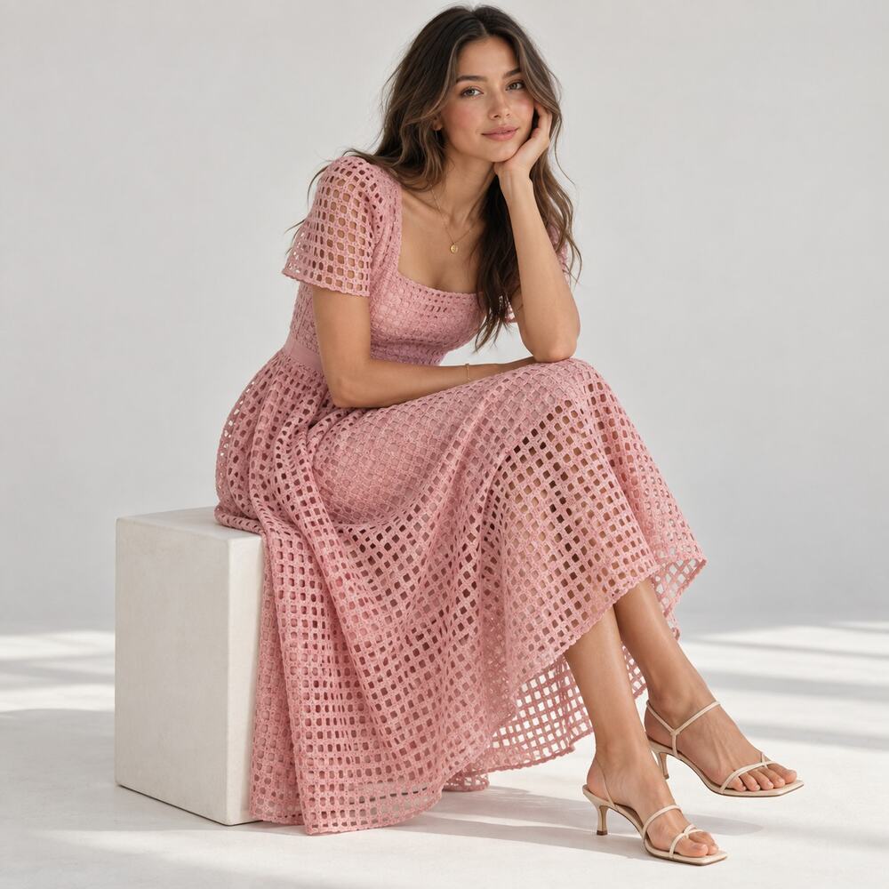 RP Rachel Parcell Lace Midi Dress Womens 0 Pink Rose Short Sleeve Square Neck